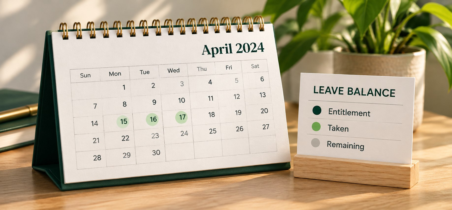 A desk calendar with marked leave dates beside a leave balance card
